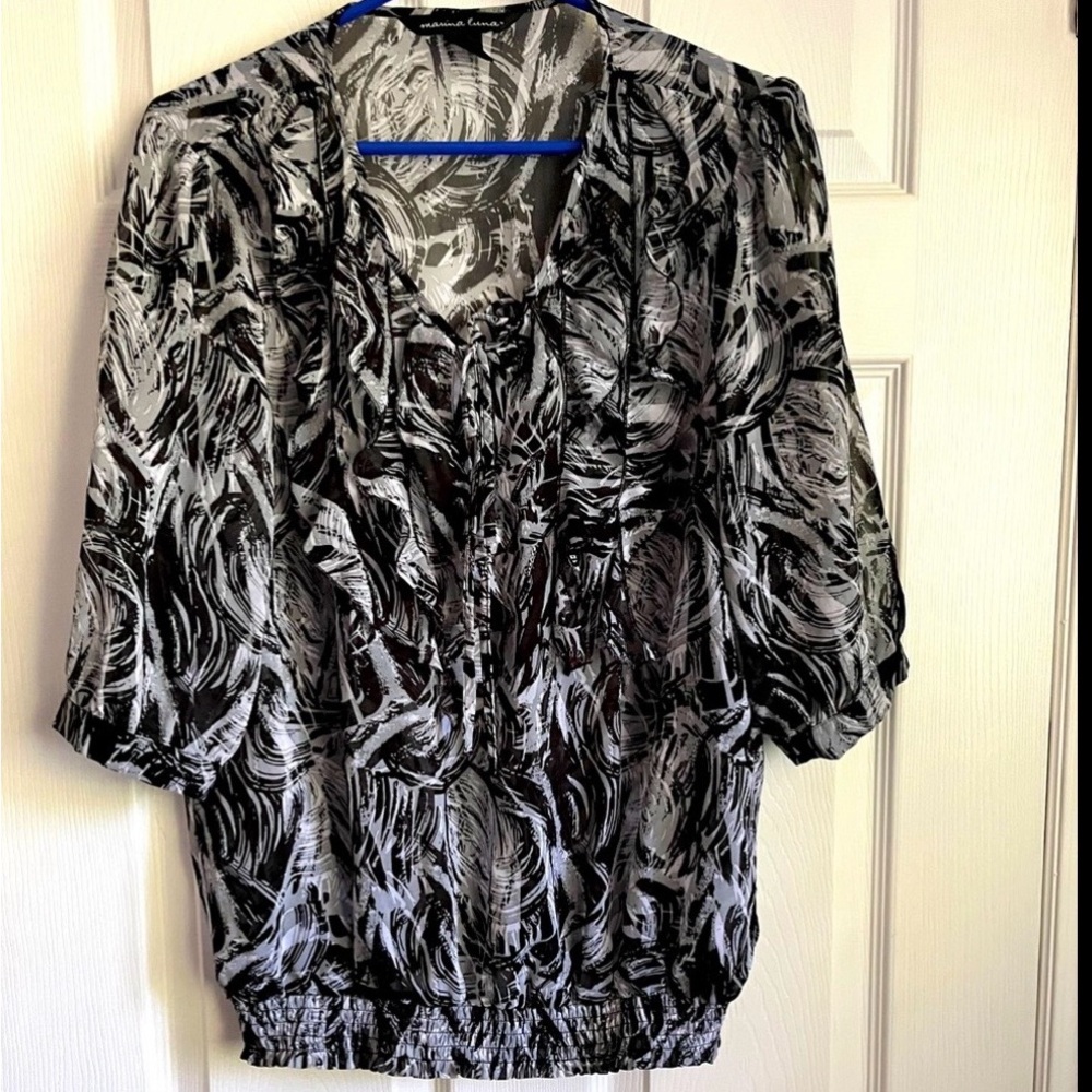 Marina Luna Black and White Feather Print Blouse